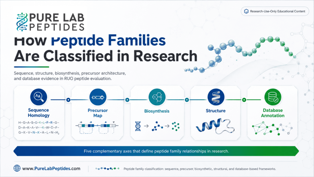 Pure Lab Peptides infographic showing peptide family classification in research context